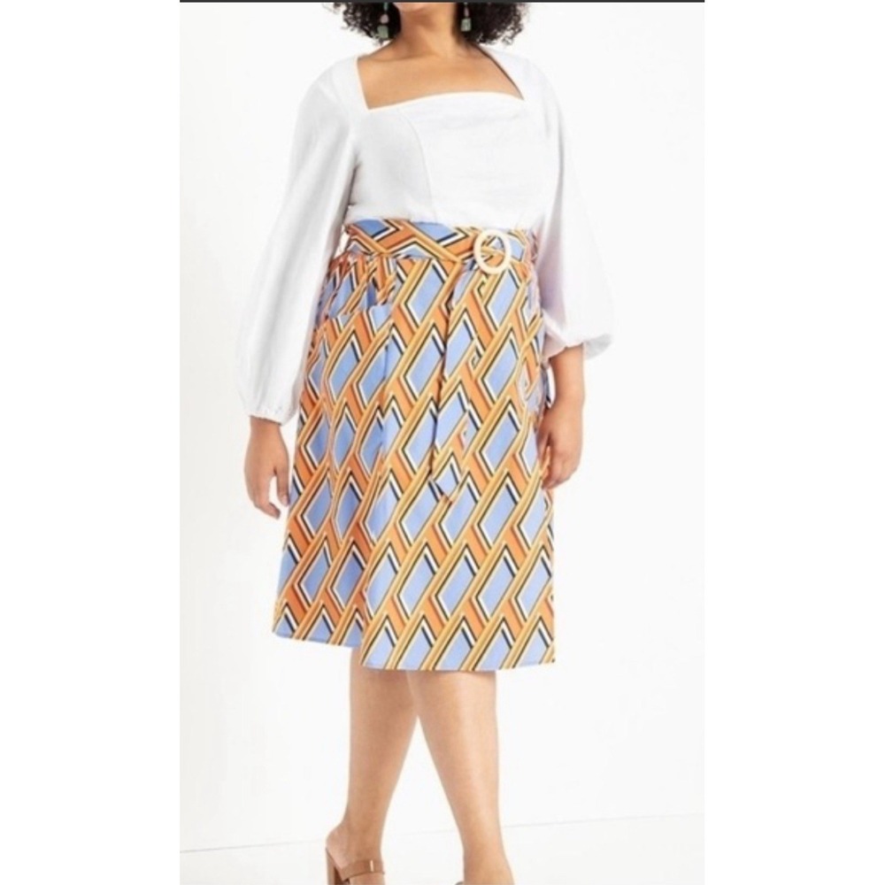 Eloquii Womens Size 16 Orange Blue Abstract Wrap Midiโ Skirt Belted Pockets
